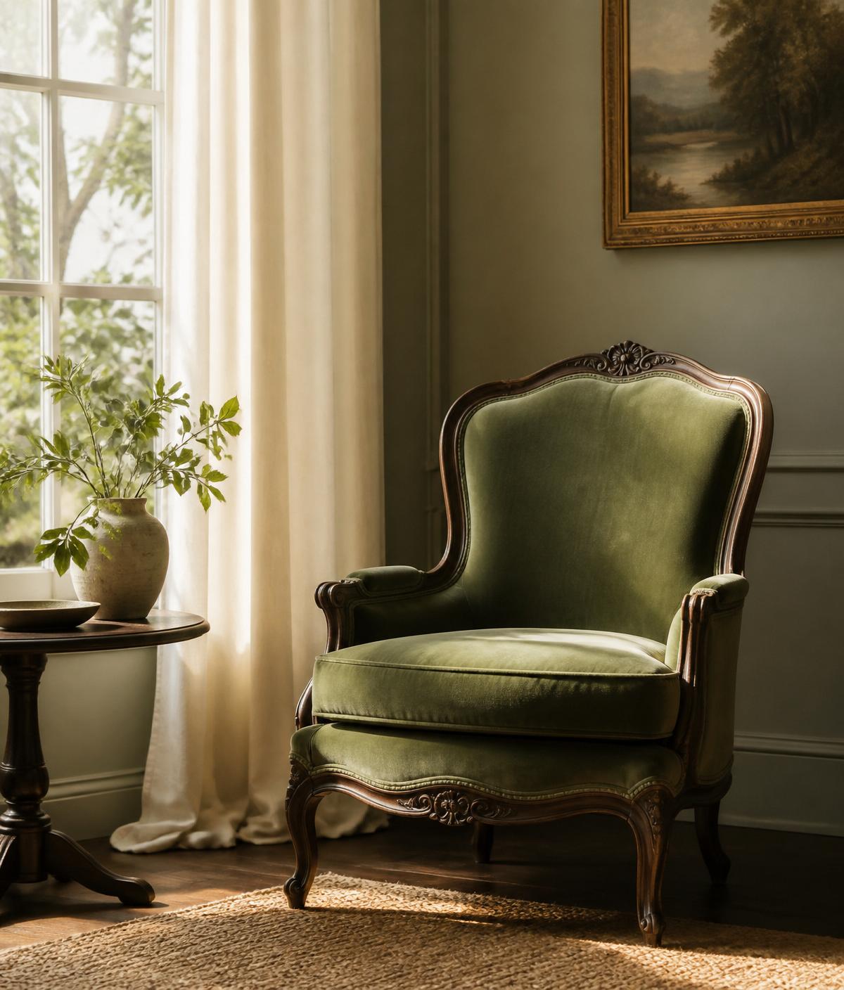 Warmly lit interior with a green velvet chair beside a bright window, standing in for a portrait of Melissa